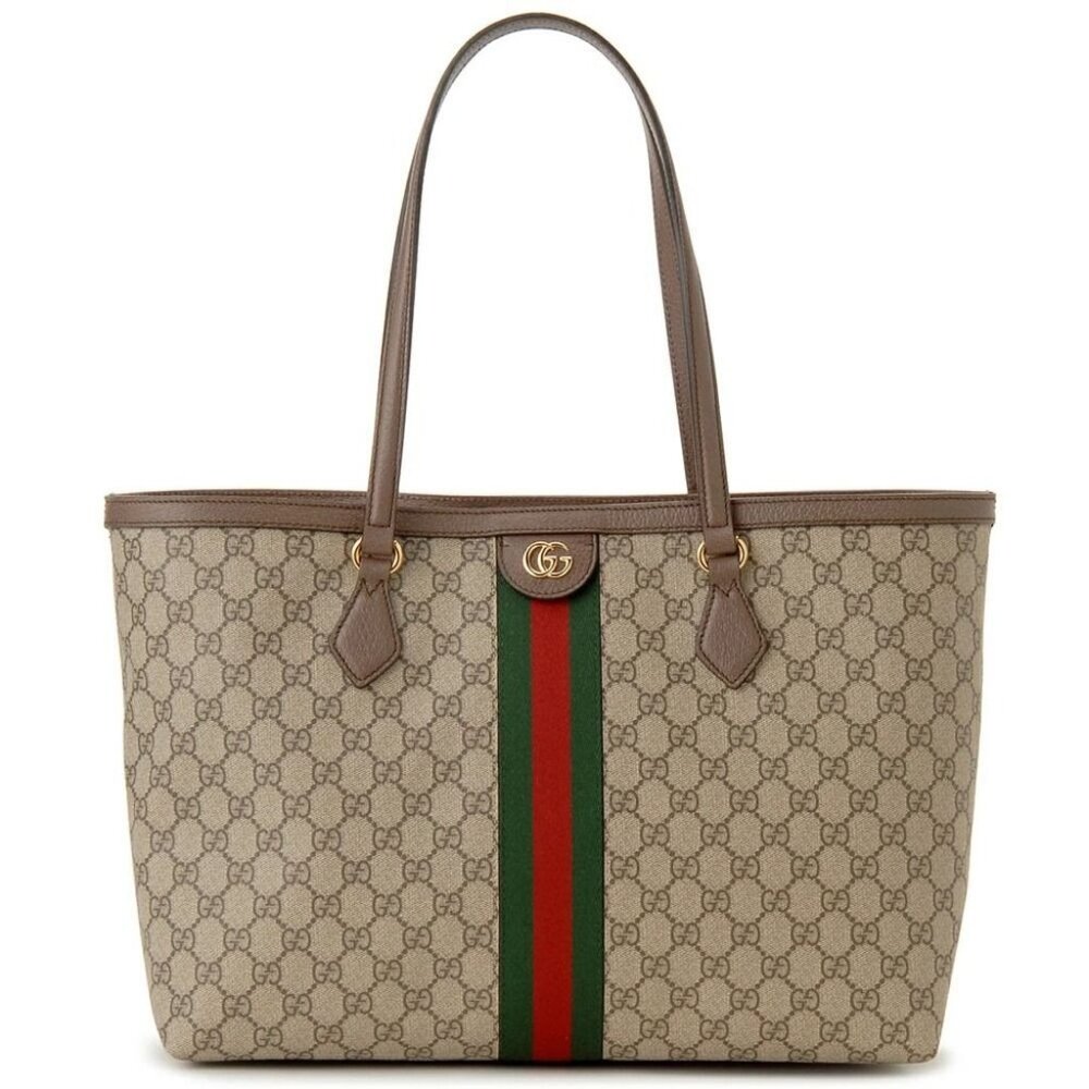 Authentic Gucci GG Supreme Ophidia Monogram Medium Shopping Tote Brown Tan Purse